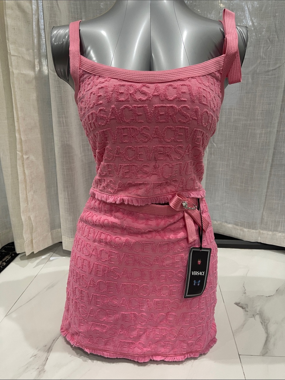 Versace Pink Logo skirt & blouse jacquard towel stitch fabric, top 38, skirt 36